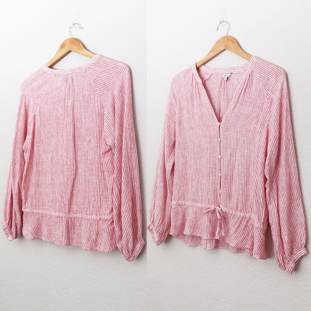 Rails Marti Scarlet Stripe Blouse S Linen Blend V Neck Tie Waist Coastal $158 - Picture 4 of 15